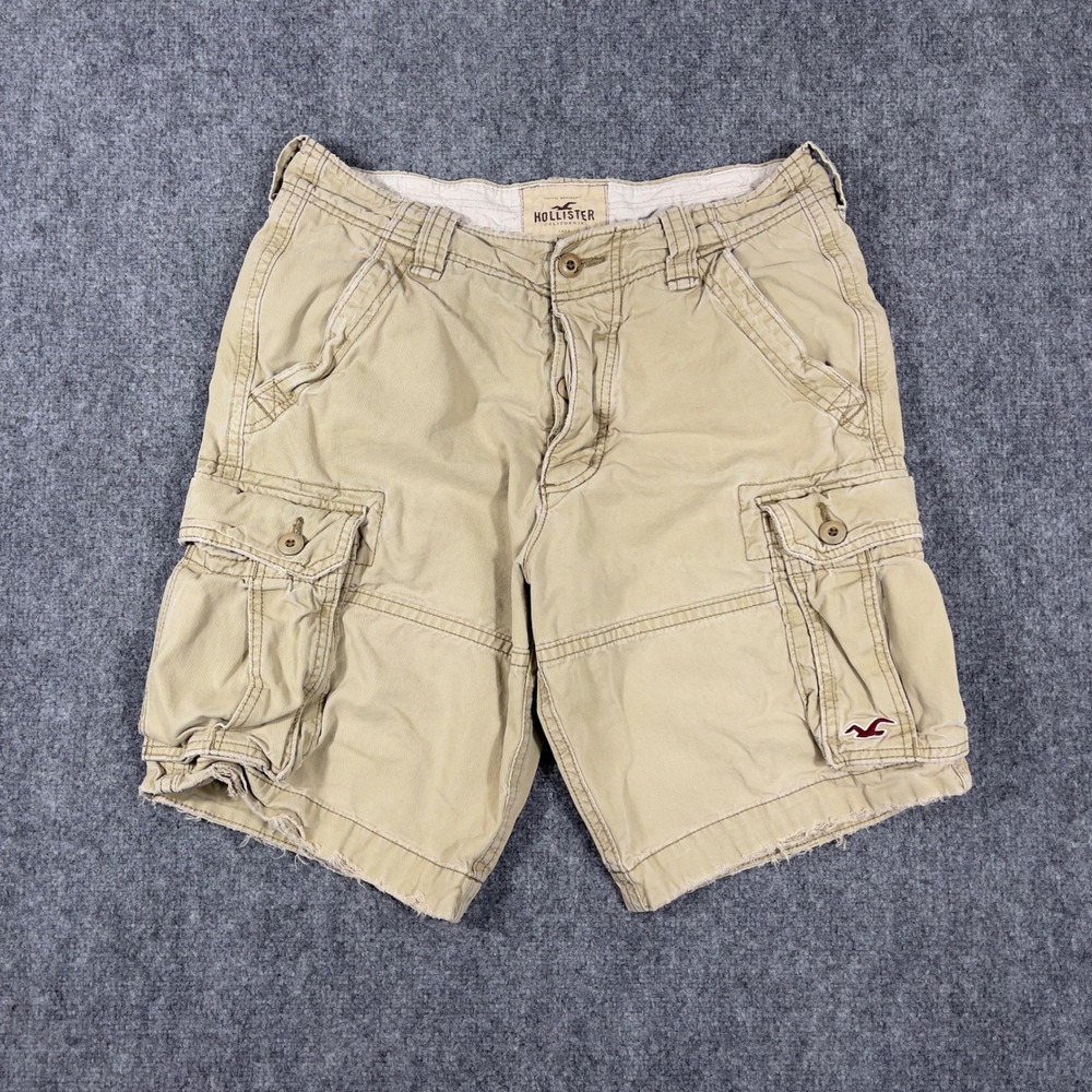 Y2K Hollister Cargo Shorts Mens 32 Tan Distressed Multi-Pocket Twill Utility